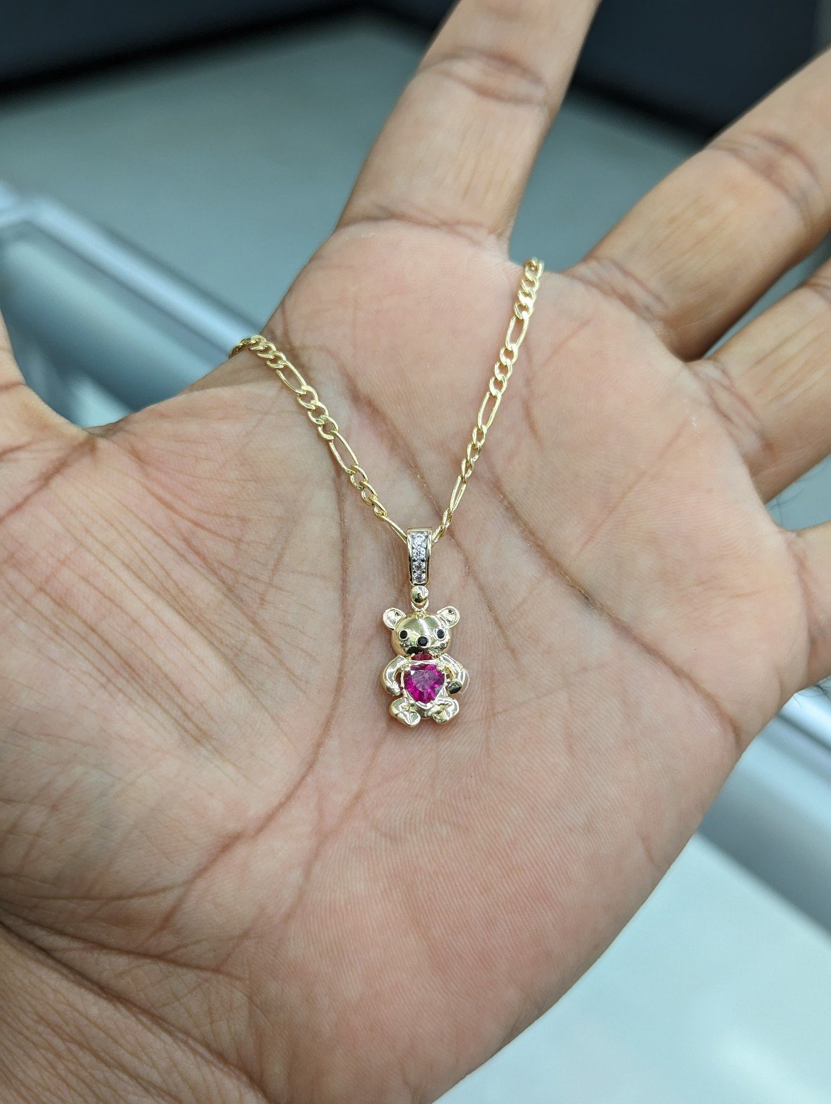 10kt Real Gold Teddy Bear Pendant And Figaro Chain