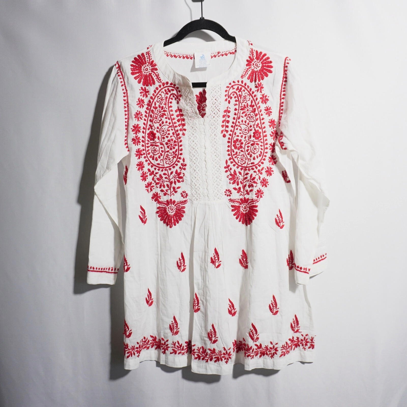 White Red Paisley Embroidered Boho Peasant Tunic Top 100% Cotton Sz L Cottage