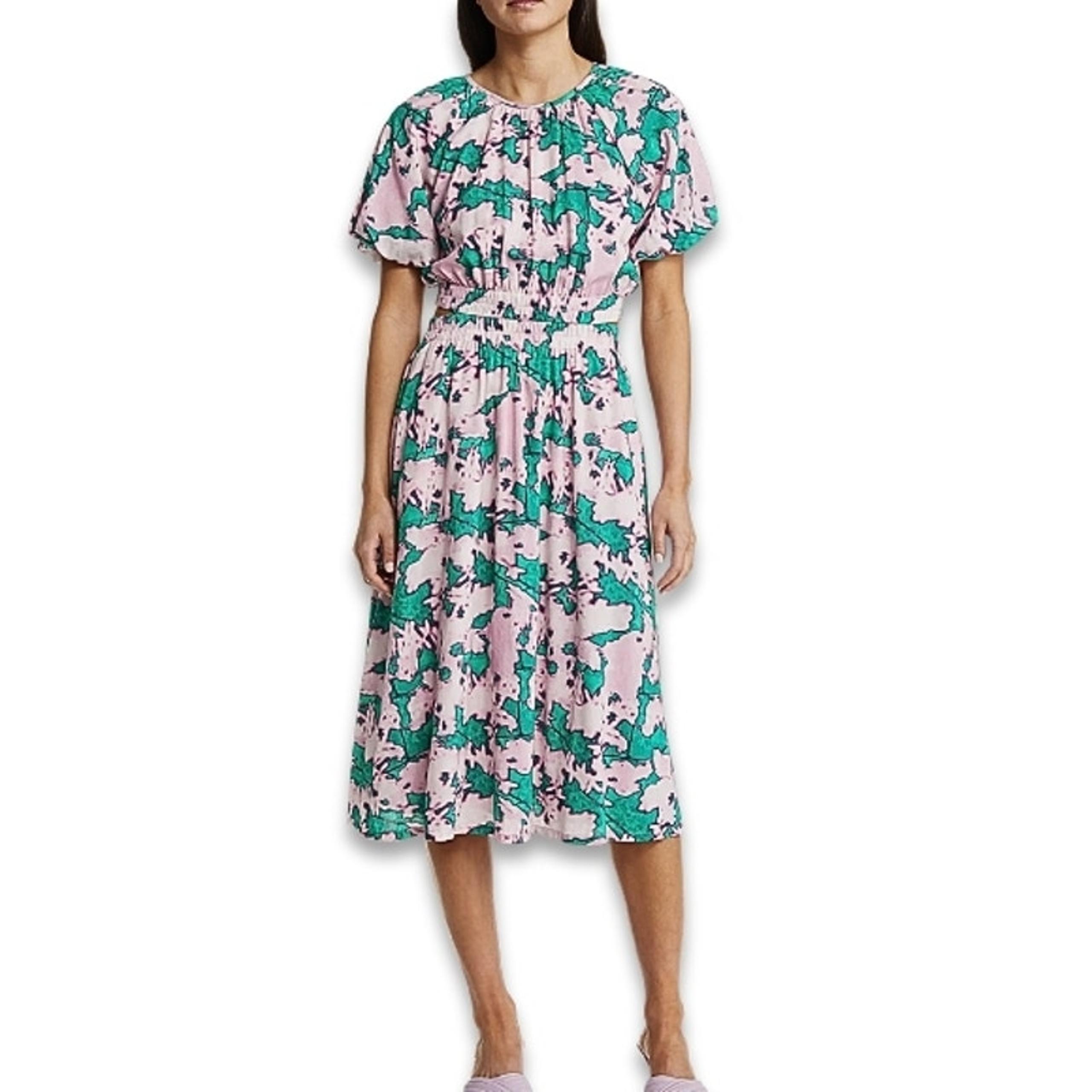 Chelsea28 Midi Dress Puff Sleeve Unique Cut-Out Abstract Pink/Green W US L NWOT