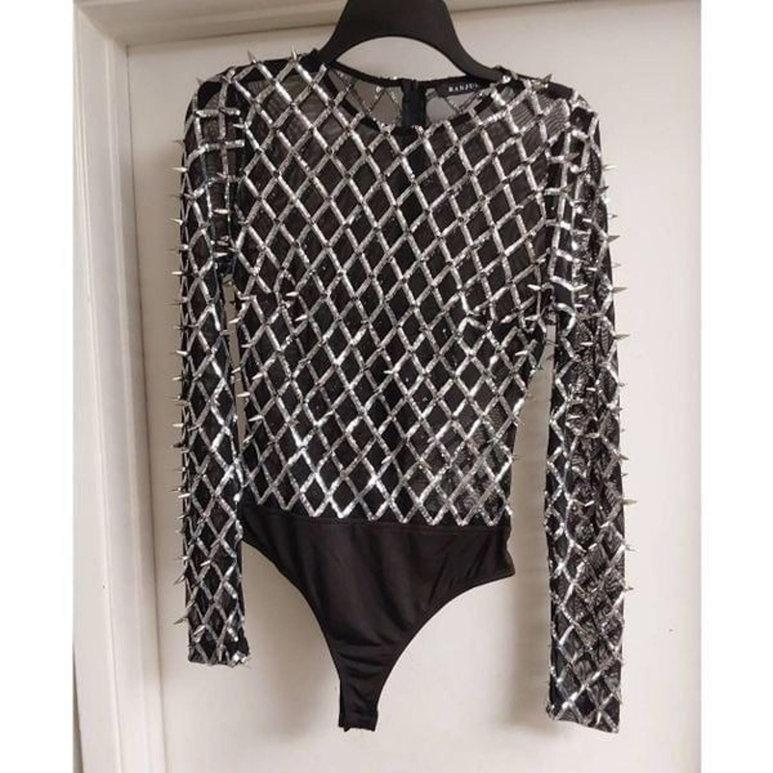 NWOT~Breakin' the Law Black Long Sleeve Silver Studded Bodysuit Sz Large