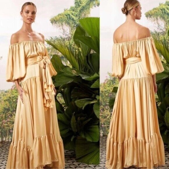 NWT [SET] Erika Pena Bettina Maxi Dress S/M Gold Metallic + Rumba Tassel Belt