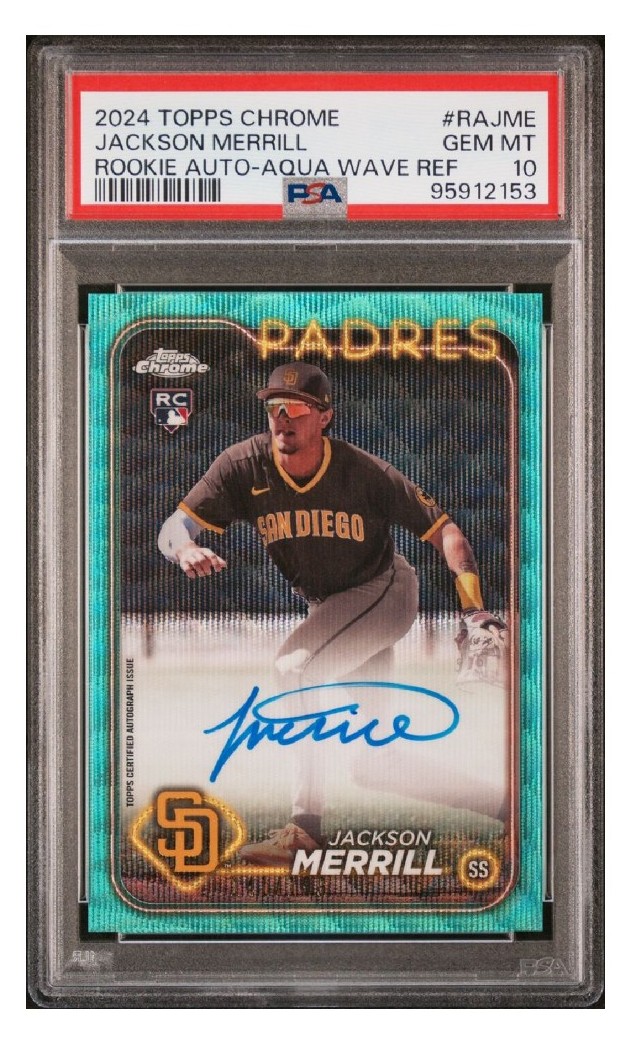 2024 Topps Chrome Rookie Autograph #RA-JMR Aqua /199 Jackson Merrill RC PSA 10