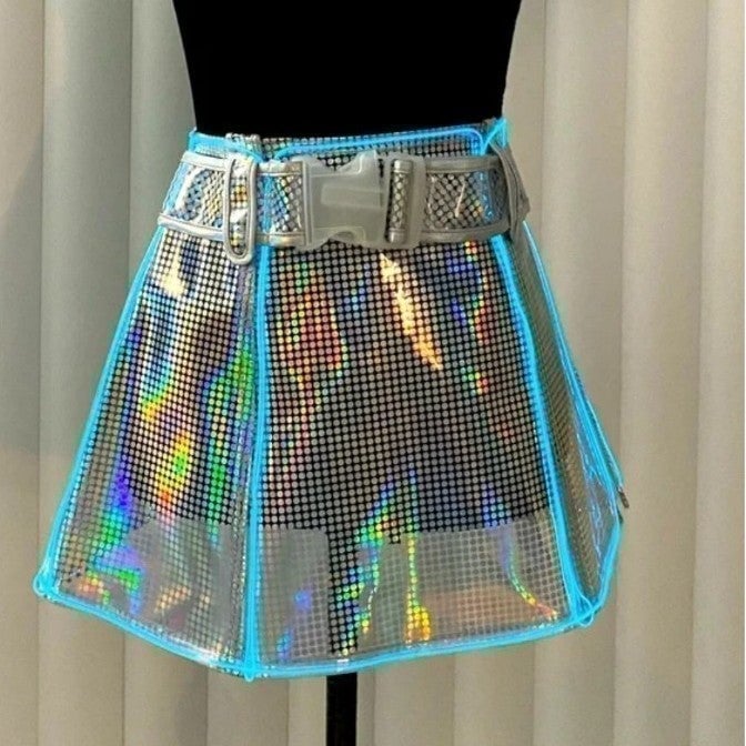 NEW Dolls Kill Blue LED Holographic Light Up Jelly Mini Skirt Sz Medium