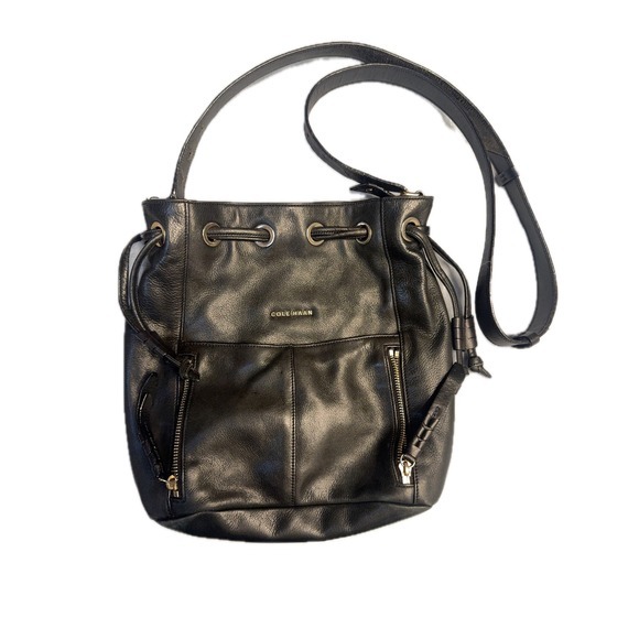 COLE HAAN Leather Drawstring Bucket Bag Crossbody Shoulder Bag Purse
