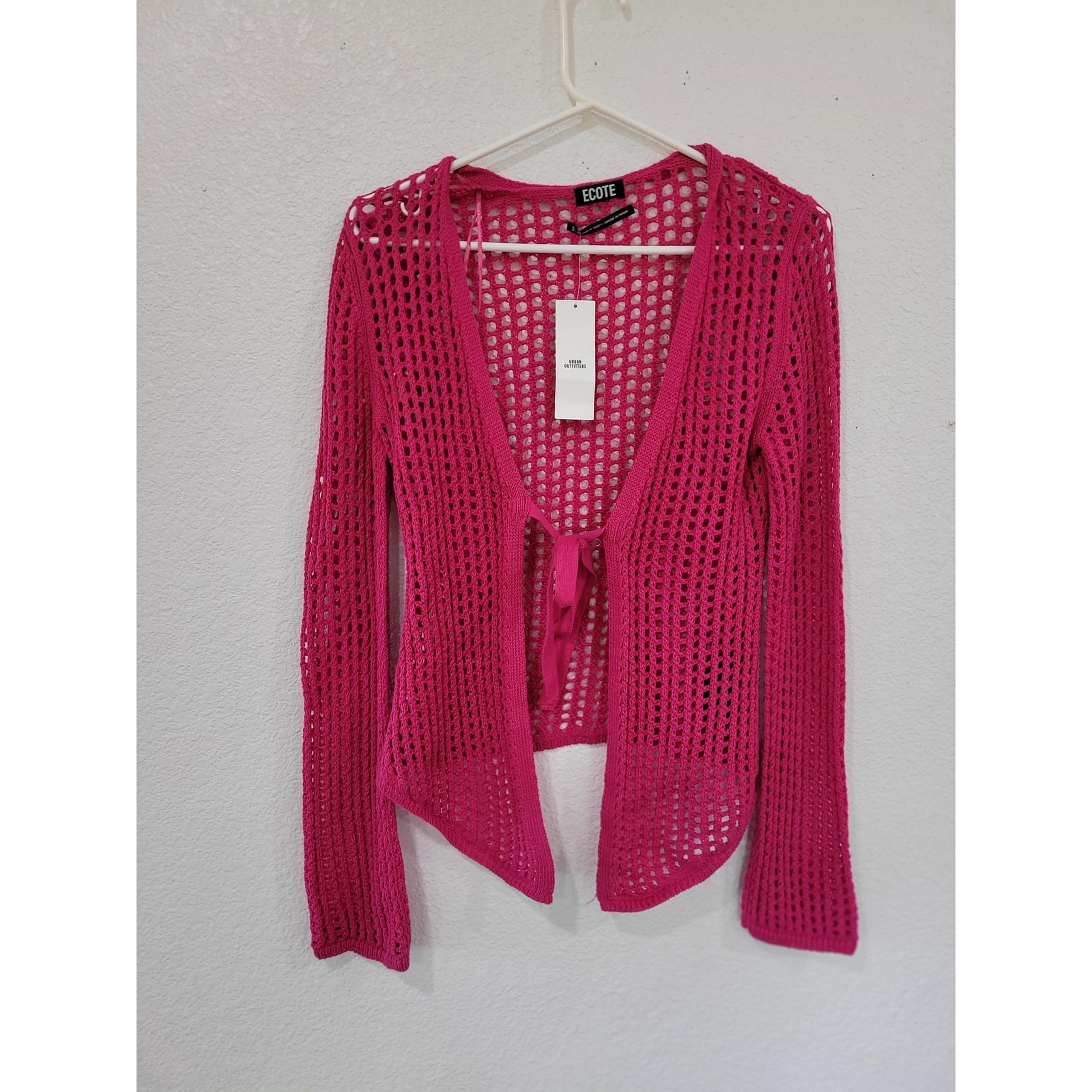 Ecote Urban Outfitters Crochet Cardigan Tie Front Open Knit Hot Pink S #20