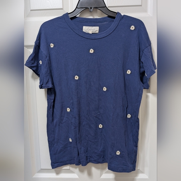 THE GREAT. Boxy Crew Tee with Wildflower Embroidery Size 1 US Small S NWT Blue
