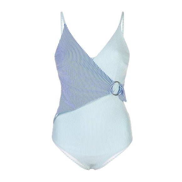 Onia Blue/White Stripe Crossover Faux Wrap One Piece Swimsuit size Medium EUC