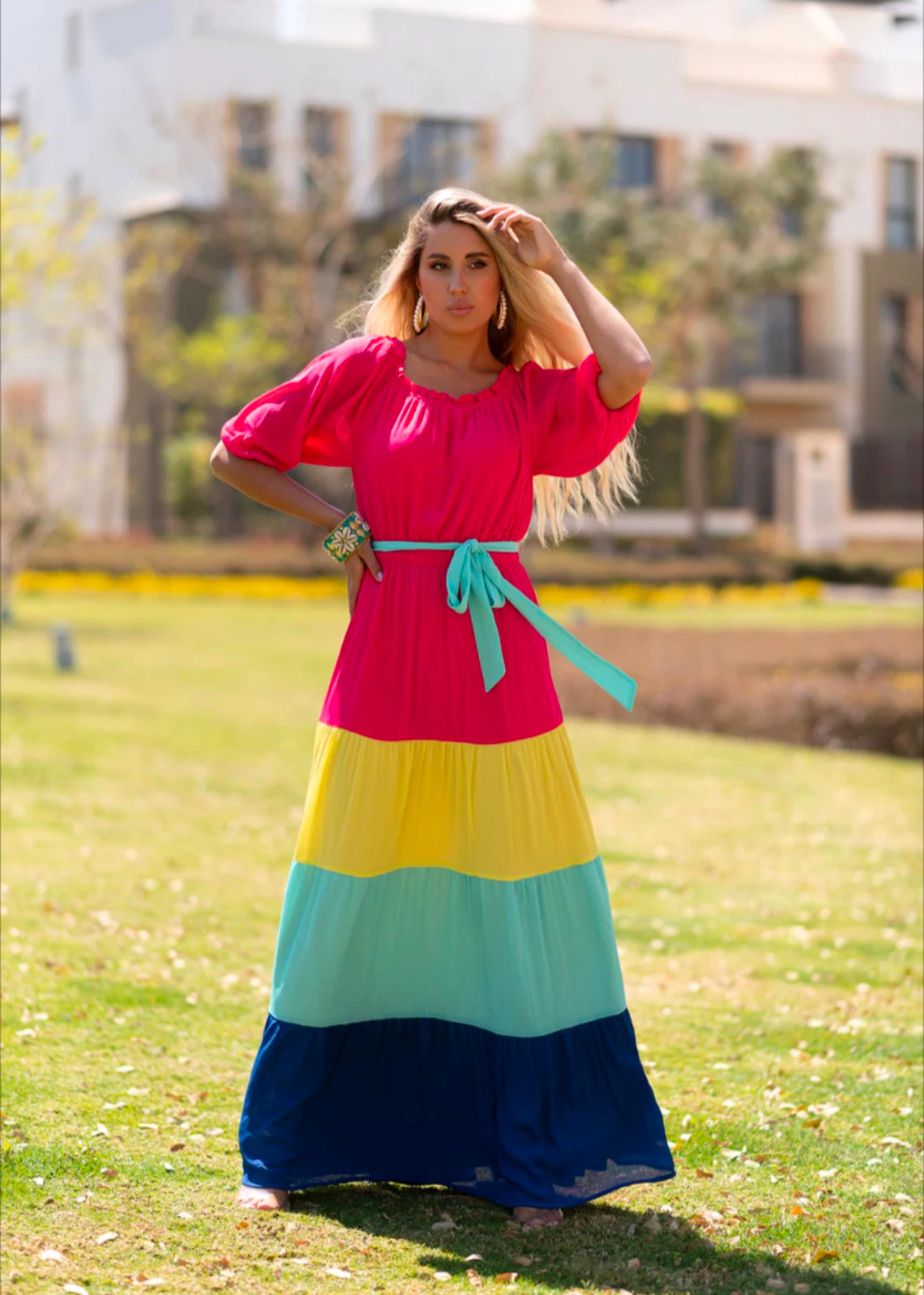 A. Calin by Flying Tomato Dress Women's Size Medium Multicolored Tiered Maxi