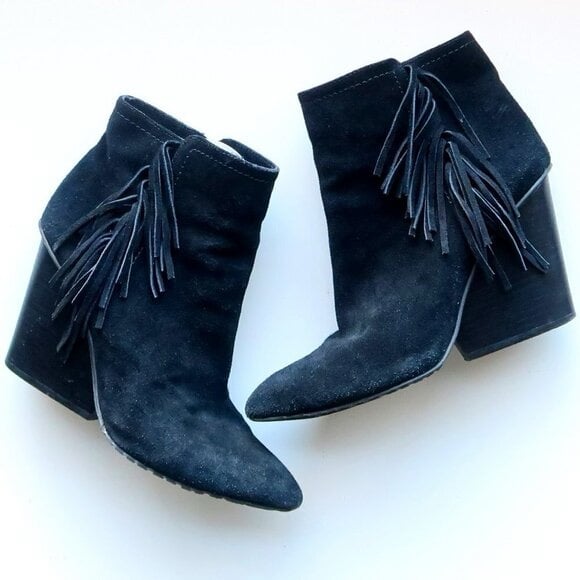 Isola Antonella Black Genuine Suede Fringe Pointed Toe Wedge Heel Bootie Sz 7.5