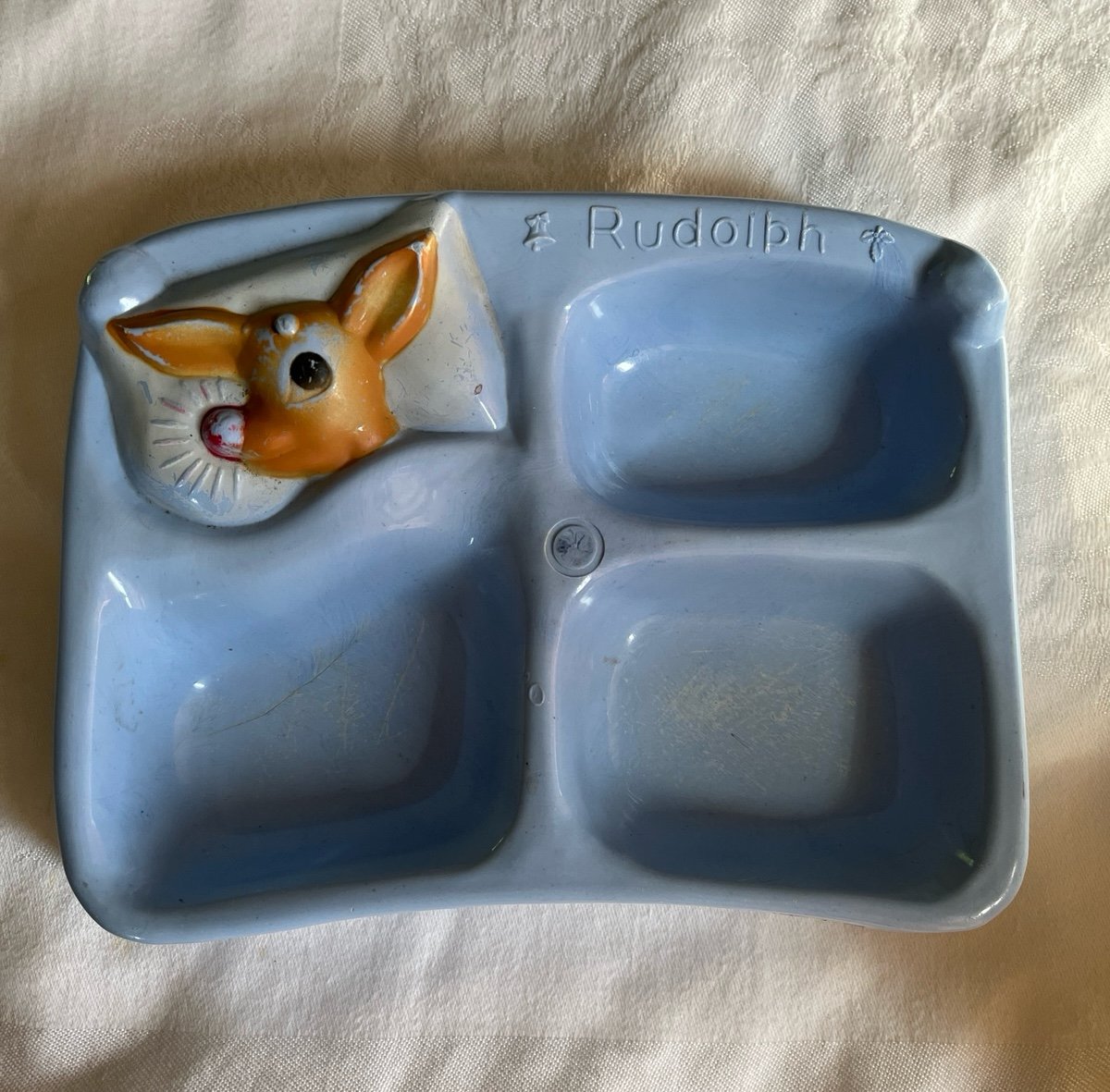 MCM Rudolph blue baby dish Montgomery Ward 1950’s Robert L May