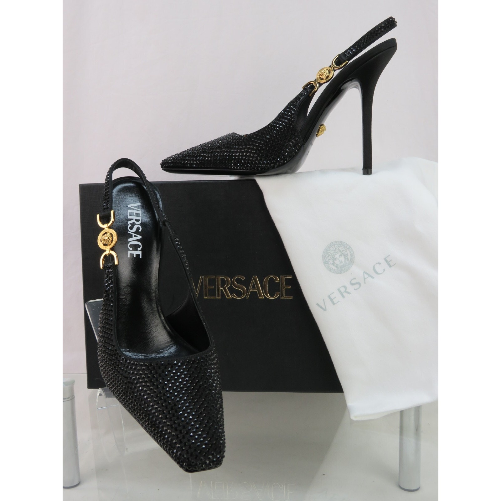 NIB VERSACE BLACK SUEDE GOLD MEDUSA LOGO CRYSTALS SANDALS HEEL PUMPS 38 8 ITALY