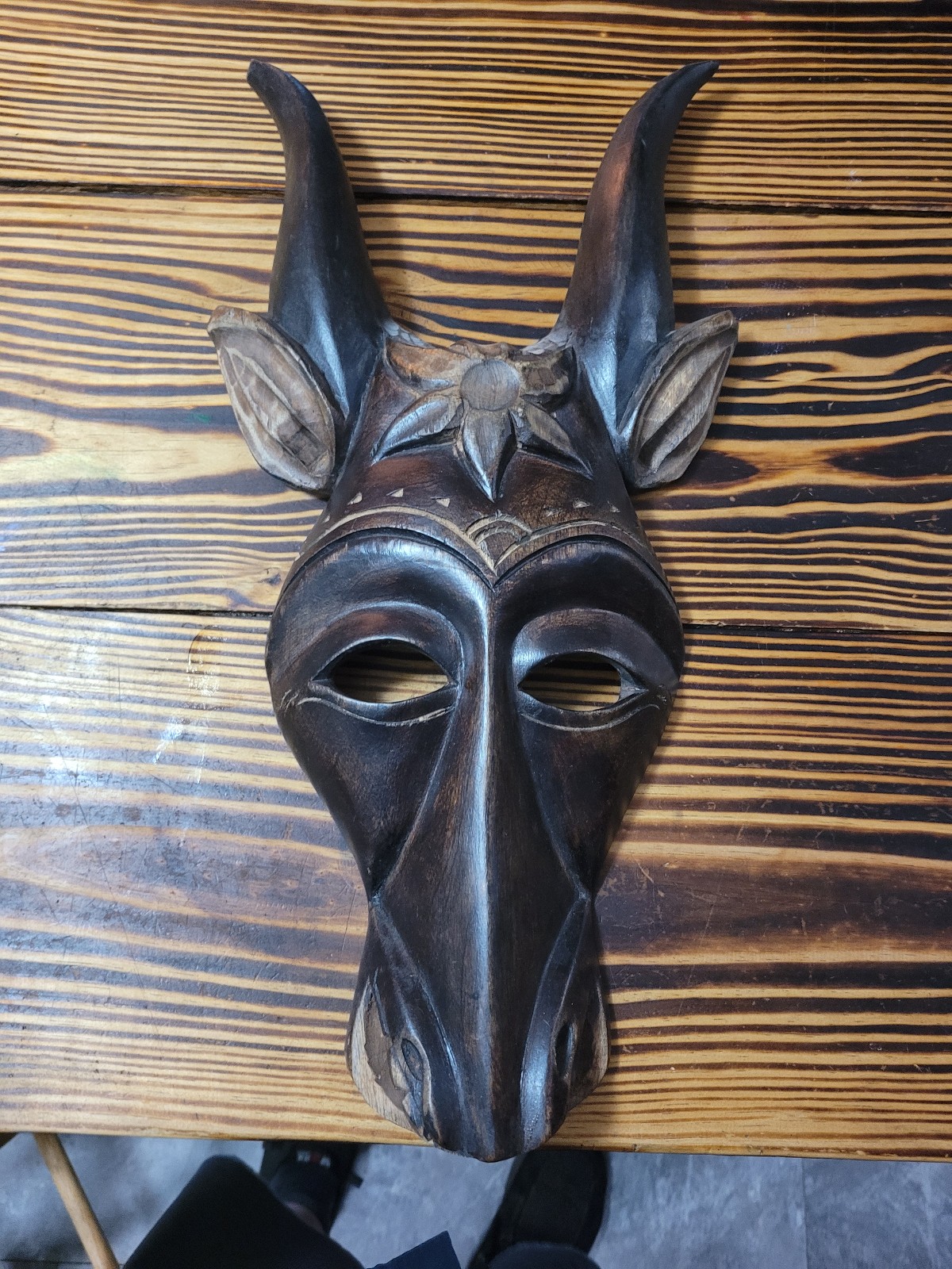 Vntg hand-carved wooden mask representing an antelope, likely of African origin