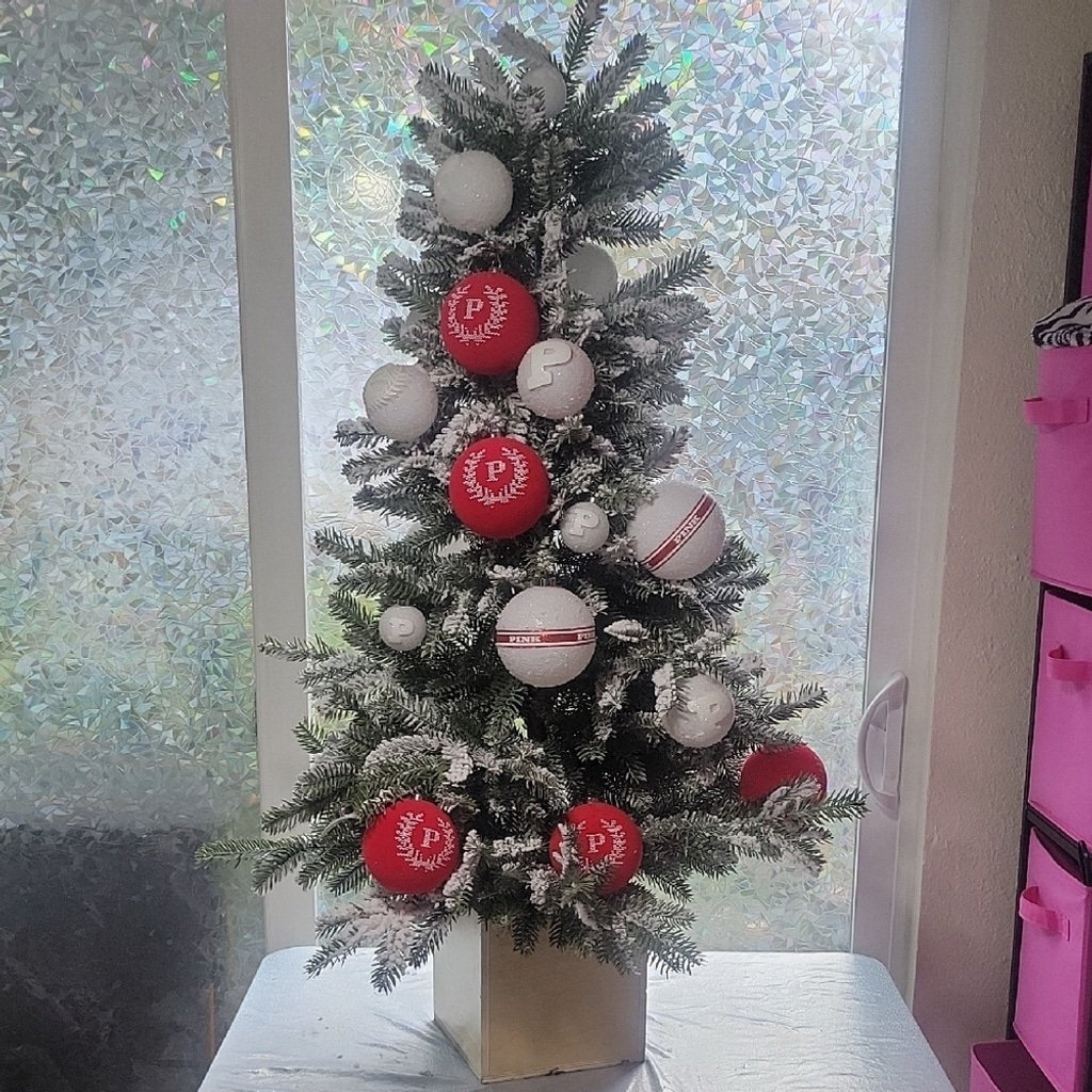 RARE VS Pink Snowy Christmas Tree Display Store Prop Ornaments Red & White