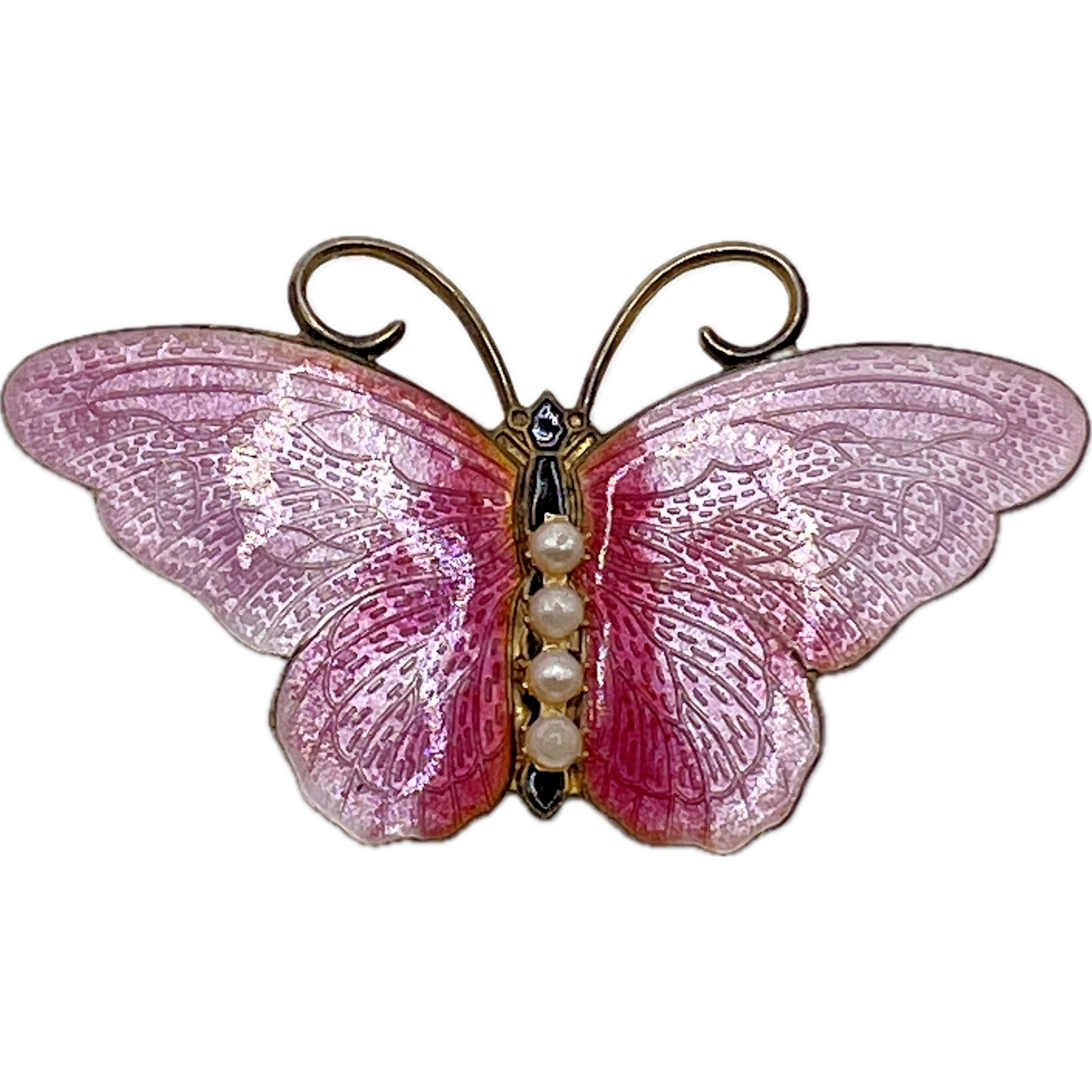 Vintage Pink Guilloche Enamel Wings Butterfly Brooch Faux Pearl Costume Jewelry