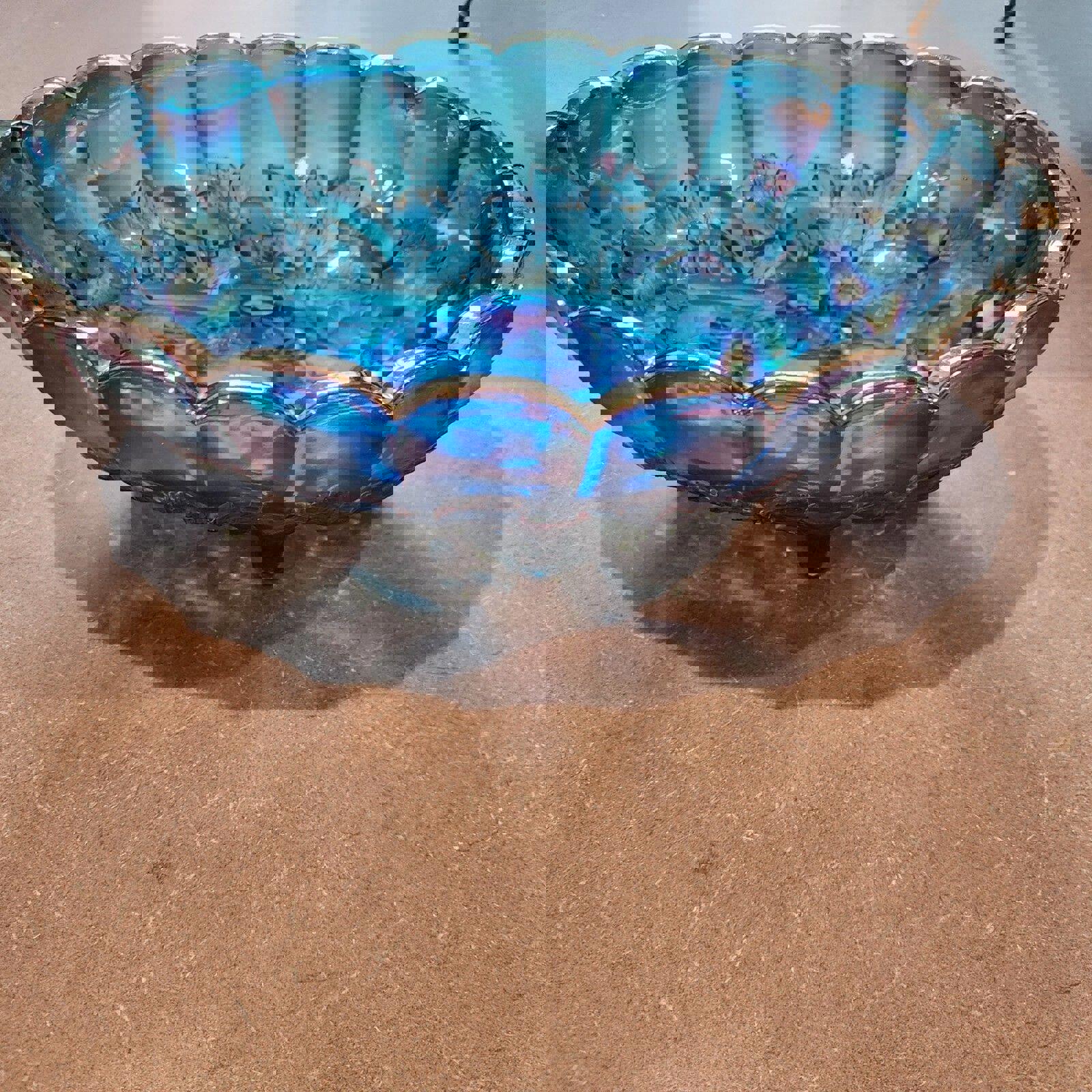 Carnival Glass Indiana Harvest Grape Iridescent Blue Oval Footed Fruit Bowl 12