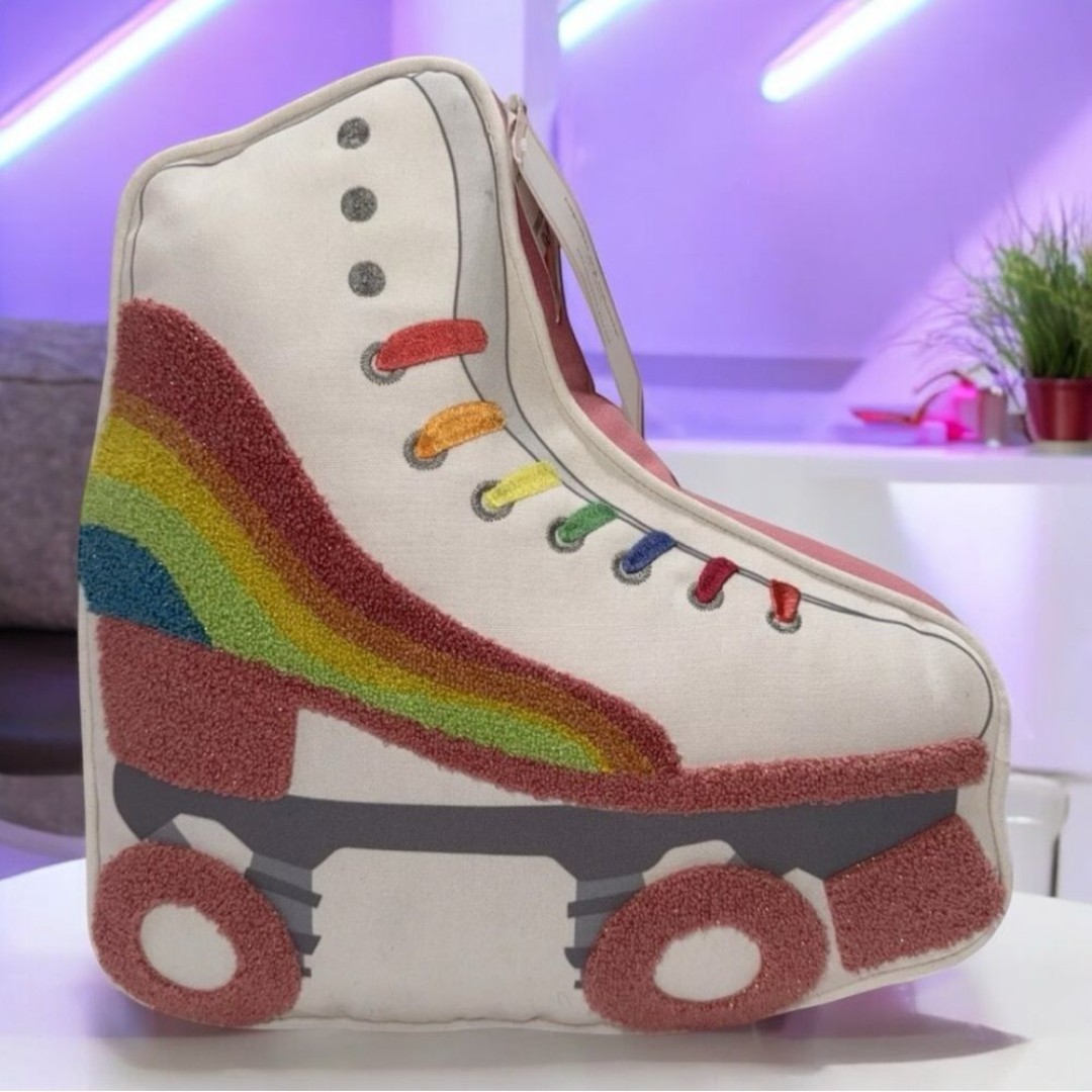 NWT- Cupcakes and Cashmere Rainbow Striped Retro Rollerskate Accent Pillow 16x15