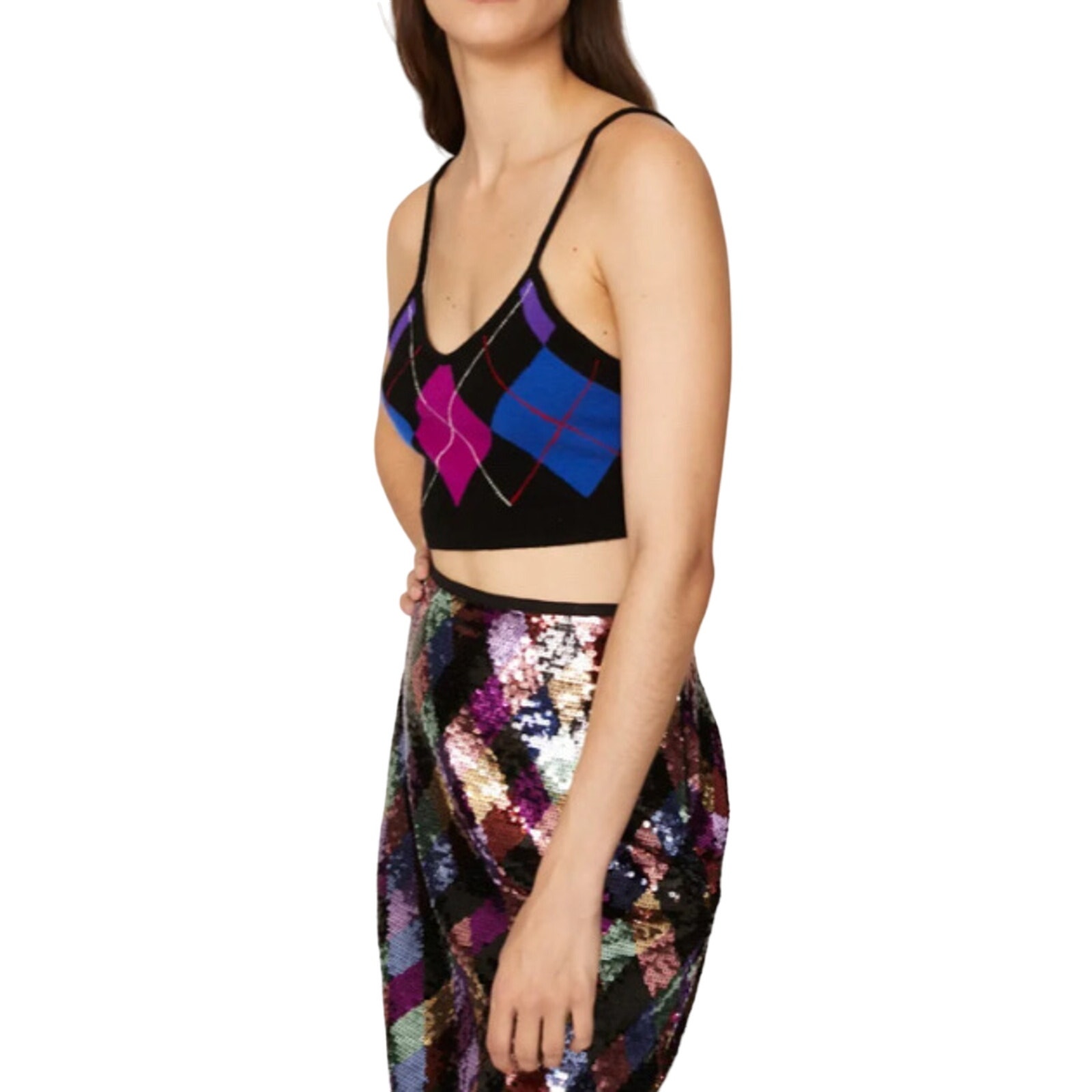 Le Superbe Revolve Pink Black Blue Argyle Cashmere blend Gem Crop Top Women's M