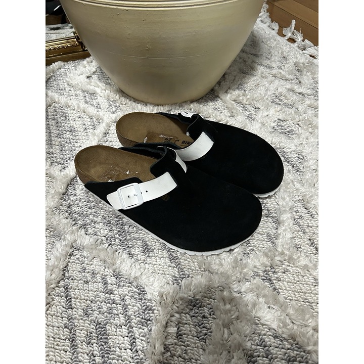 Birkenstock Boston Black/White Suede Leather Classic Clog Shoes 42 W 11 M 9