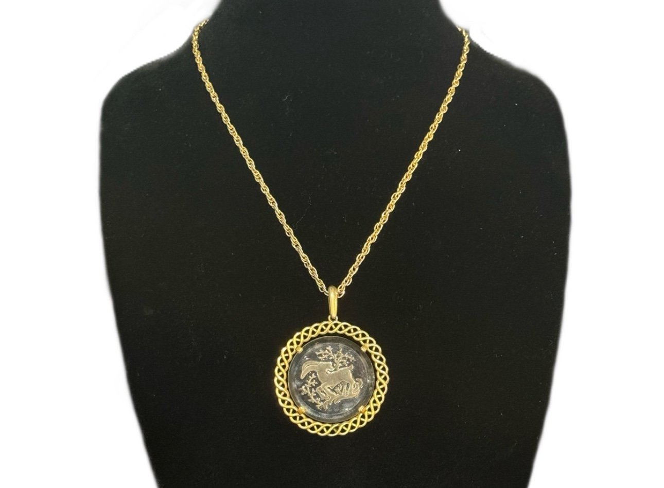 Vintage Crown Trifari Capricorn Zodiac Pendant Gold Lucite Necklace Signed