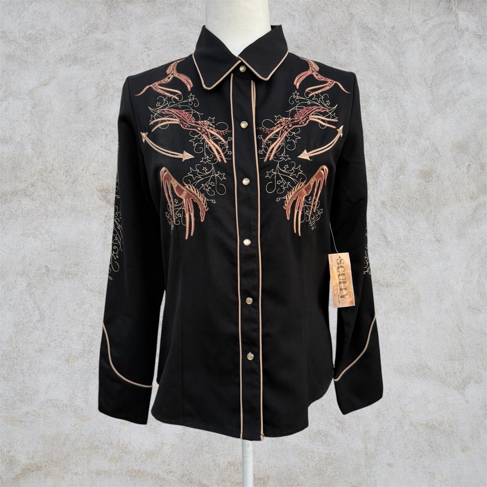 SCULLY Black Embroidered Horses Long Sleeve Western Shirt ~ Women’s Small