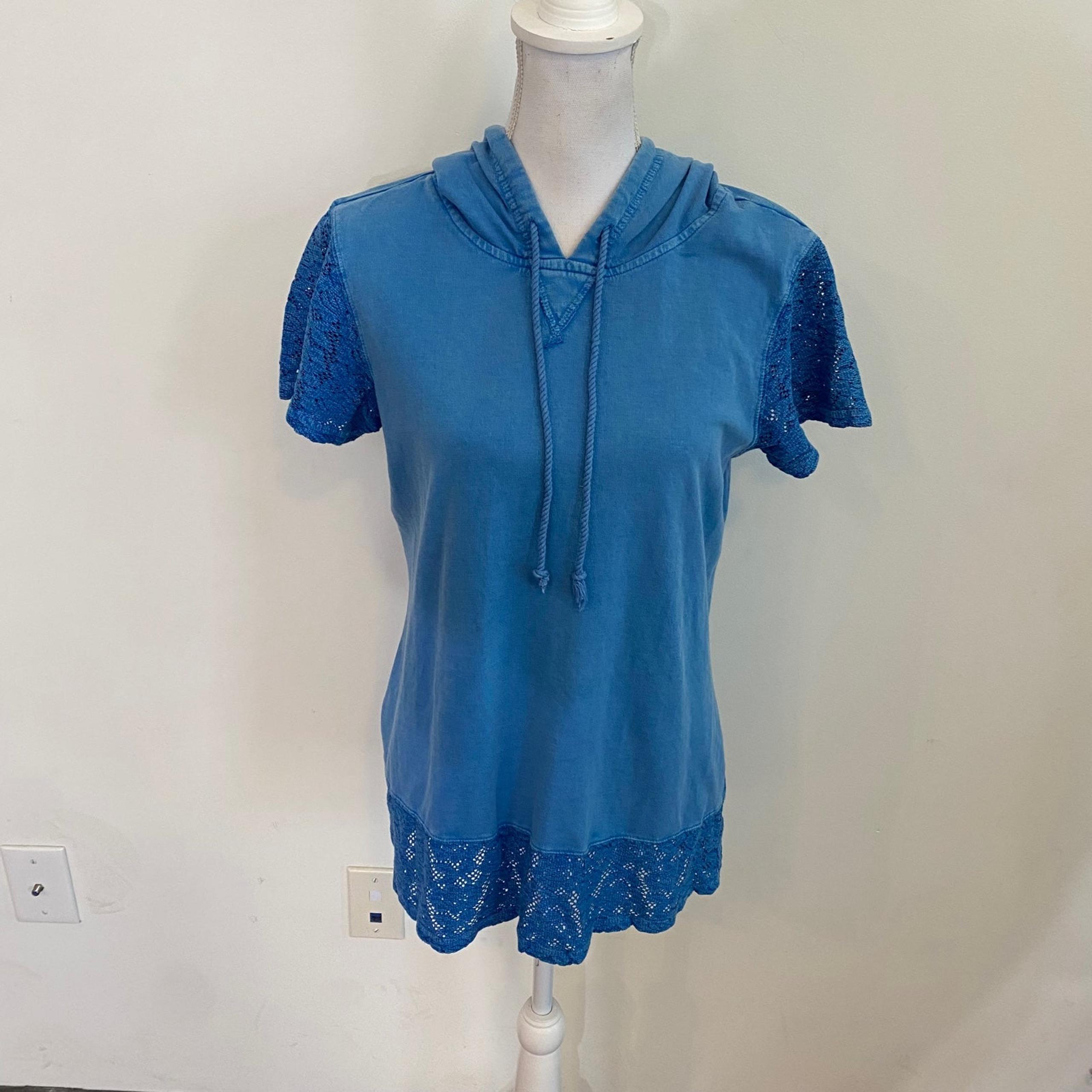 Ruff Hewn Blue Short Sleeve Hooded Sweater With Lace Hem New With Tags
