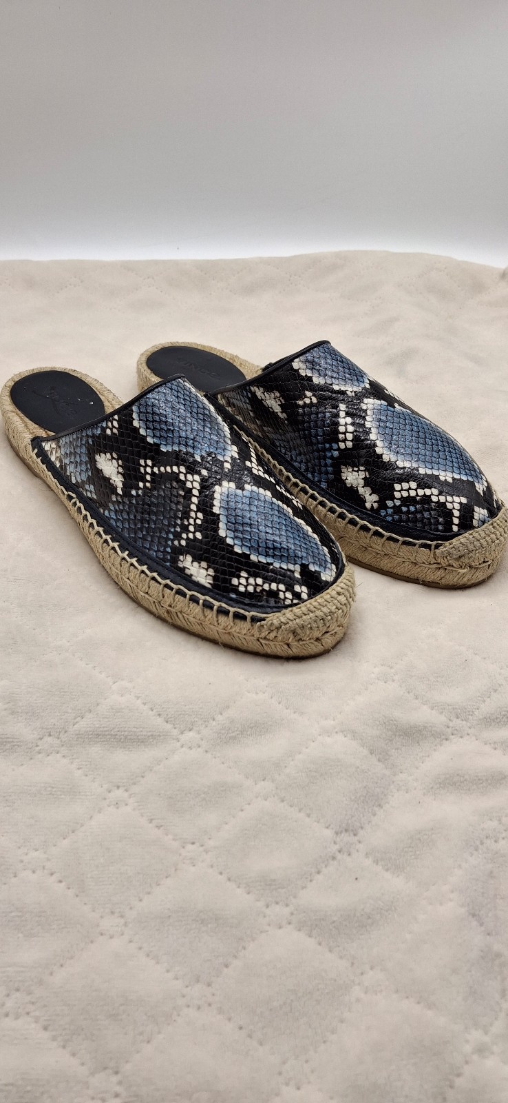 Vince Blue Snake Print Espadrille Sandals Slides