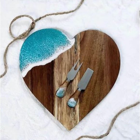 Heart Serving Board w/ Cheese Knife and Fork coastal ocean serving