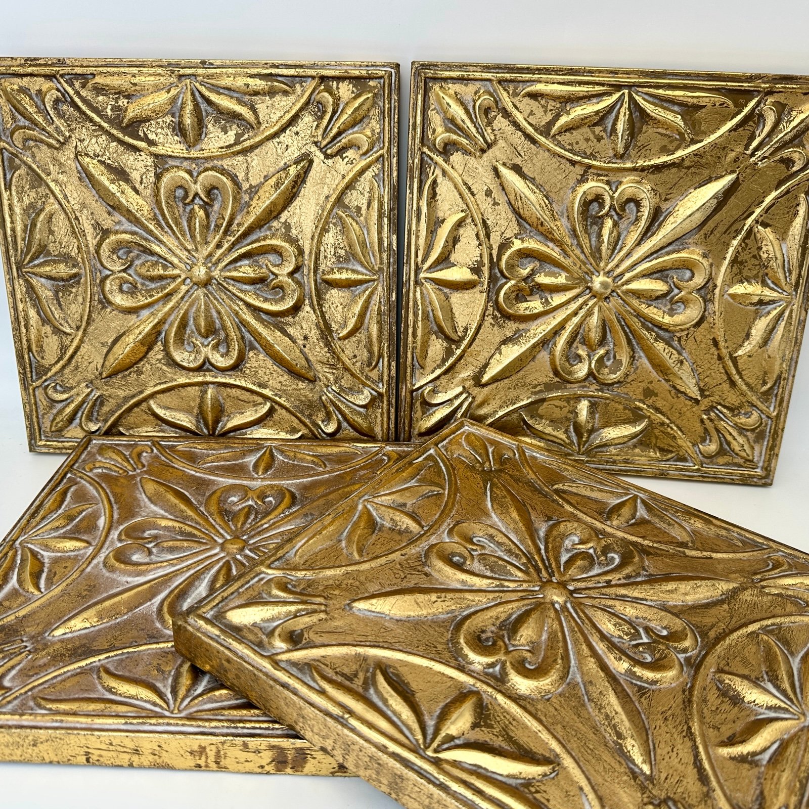 Set of 4 Gold Aged Metal Wall Panels 12.5″ Square Decorative
