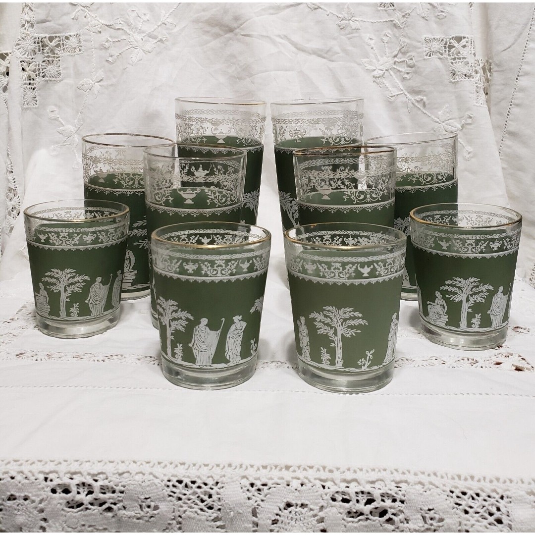 Jeannette Glass Hellenic Jasperware Wedgewood Green Assorted Sizes 10 cups