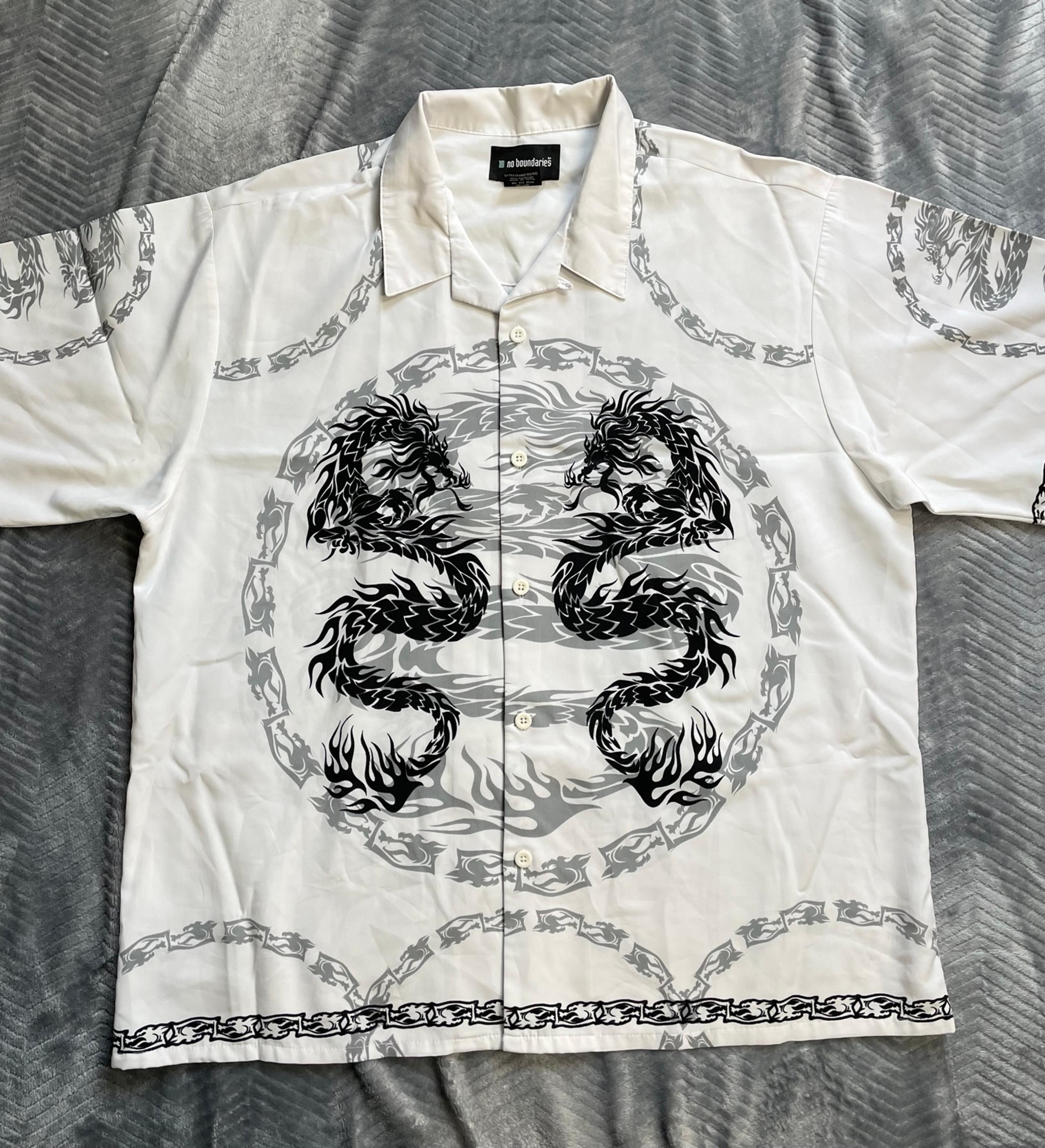 Vtg Y2K Men’s No Boundaries Asian Dragon Skater Style Button Up Shirt White XL