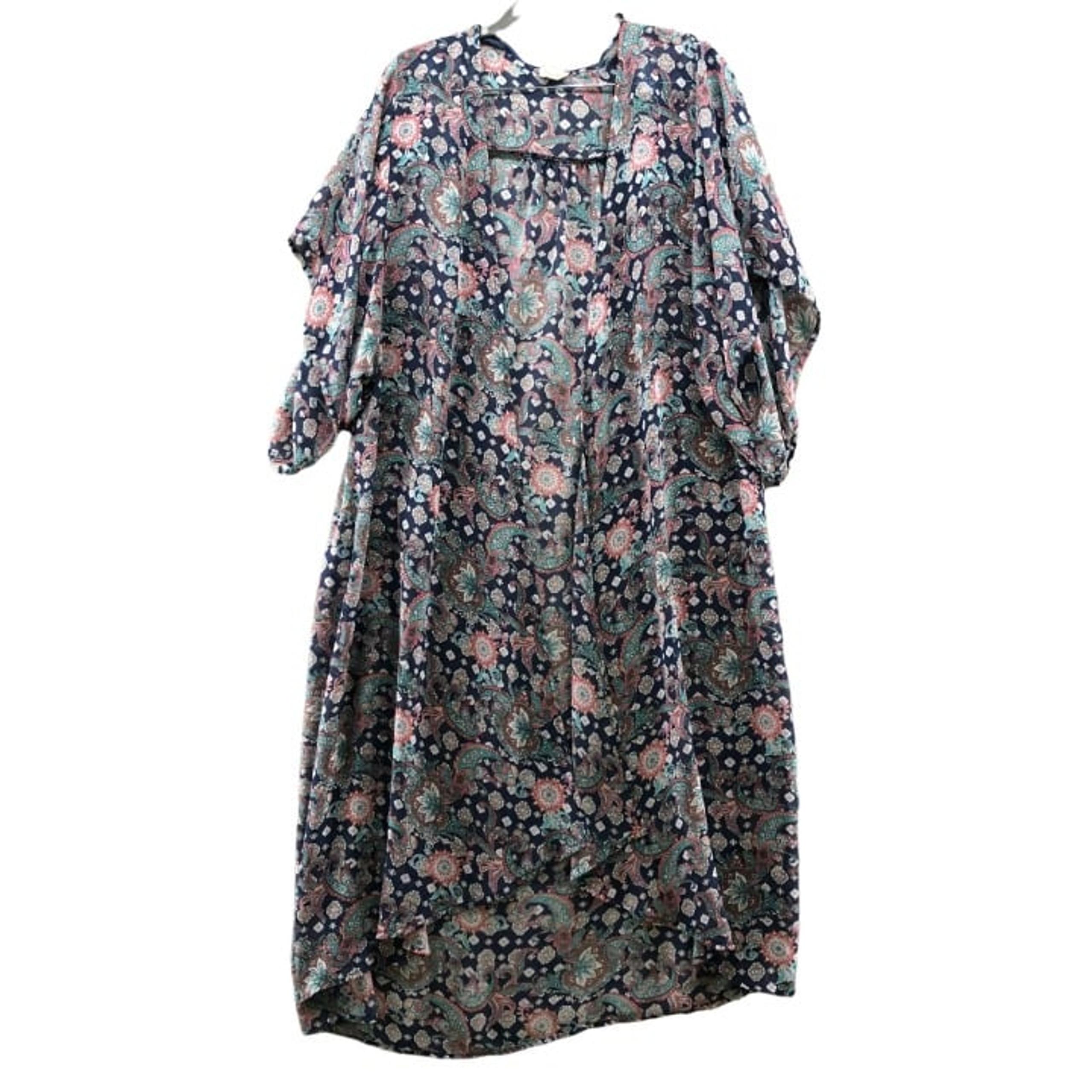 One Clothing Kimono Cardigan Womens M Chiffon Longline Blue Boho Print Sheer