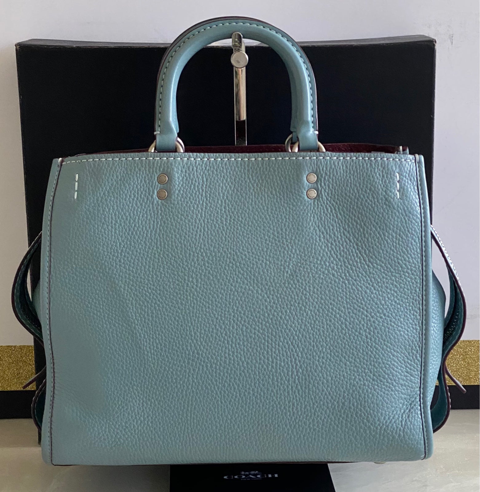 COACH 1941 STEEL BLUE PEBBLE LEATHER ROGUE 30 TOTE SILVER 38124