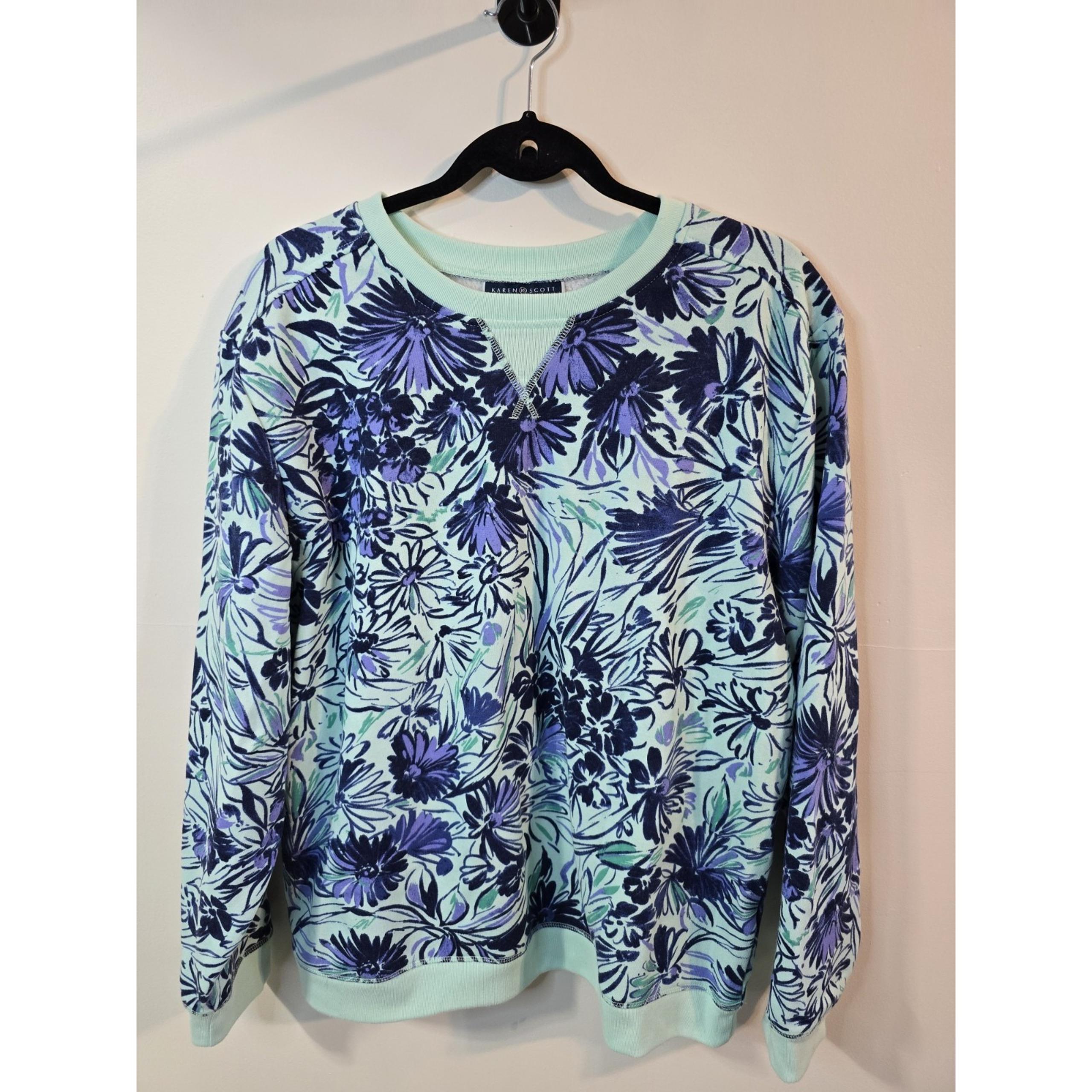 Karen Scott Sport, Blue Green Floral, Long Sleeve, Crew Neck, XL Sweat Shirt