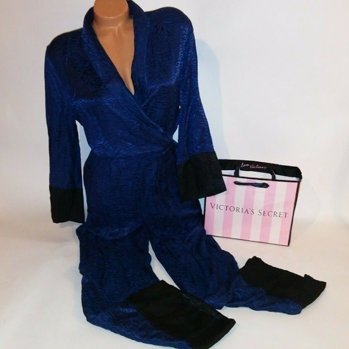 Victoria Secret Luxe Jumpsuit Small Black Blue Animal Print One Piece Long Sleev