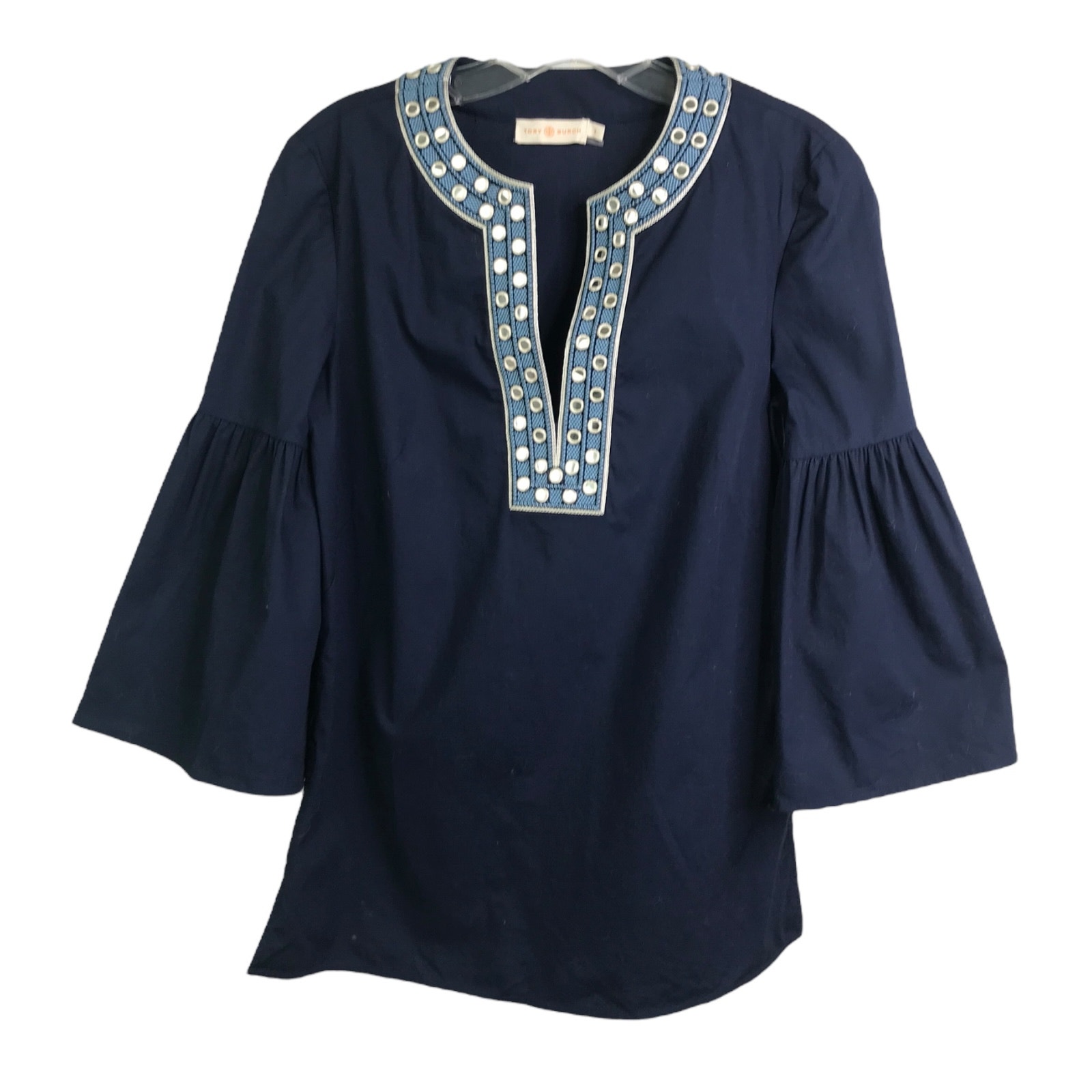 Tory Burch Blouse Womens Sz 2 Navy Blue Geometric Mirror Collar 3/4 Bell Sleeve