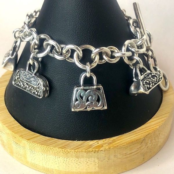 LOIS HILL Sterling Silver Hand Bag Charms Rolo Link Toggle  Charm Bracelet