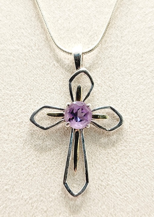 Vintage Amethyst Double Cross Pendant Necklace 925 Sterling Silver 22 Signed