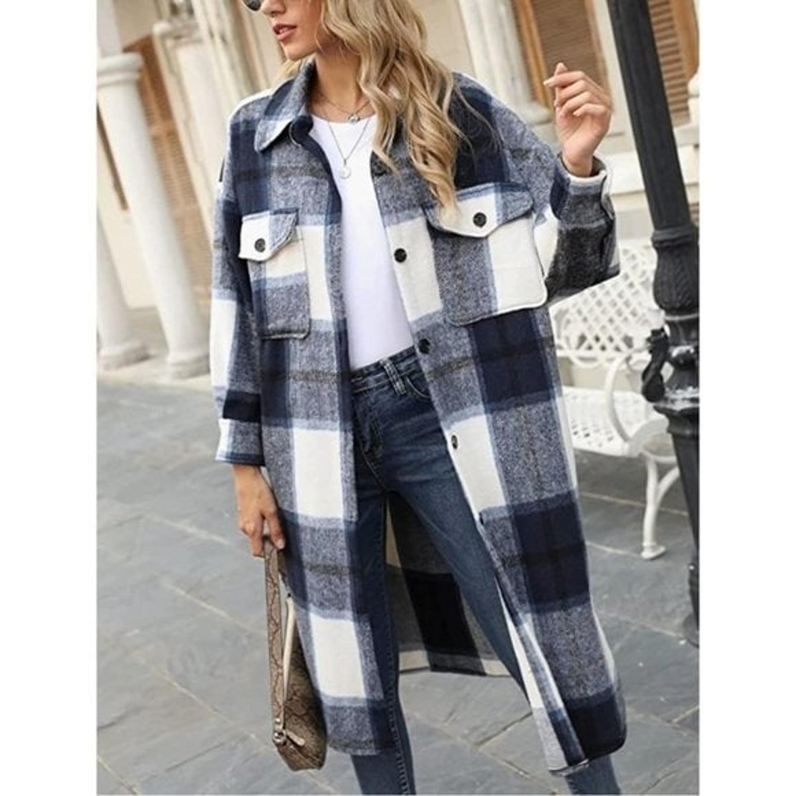 Navy Blue Plaid Print Button Down Long Midi Trench Flannel Jacket Shacket Coat