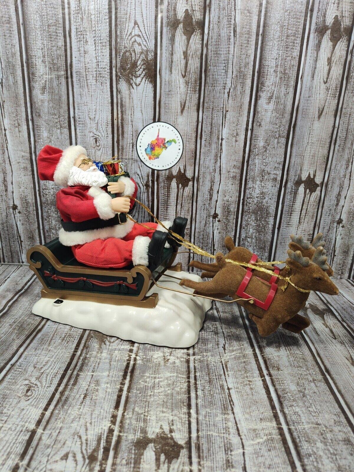 1997 Gemmy Animated Santa On Sleigh Felt Reindeer Christmas Musical North Pole