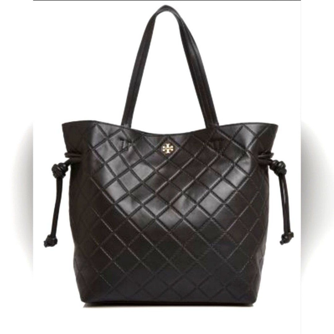 Tory Burch Georgia Slouchy Quilted Black Leather Tote Drawstring Bag Purse