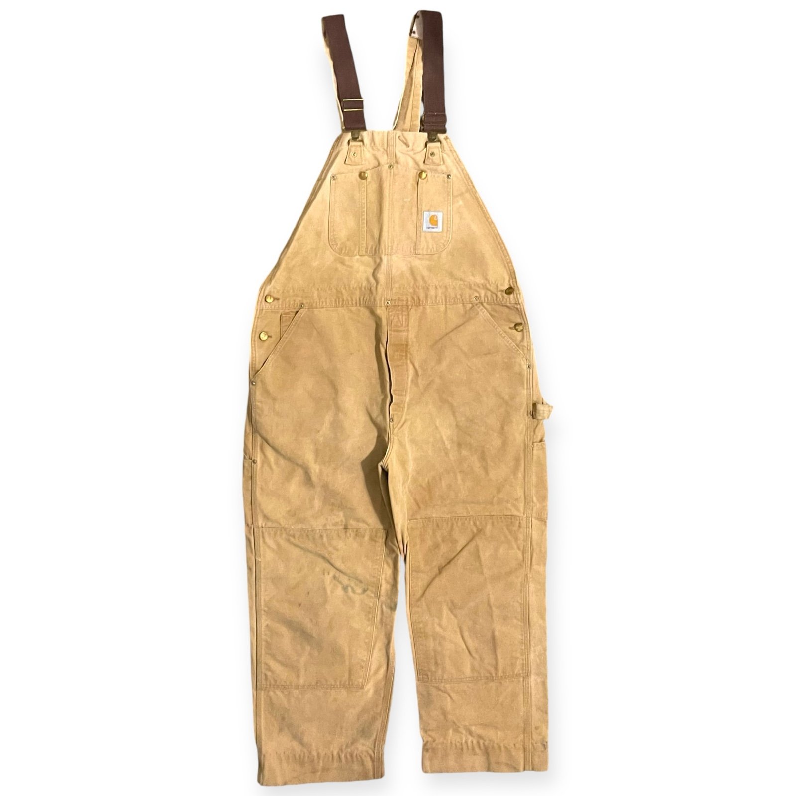 VTG Carhartt R01 BRN Brown Duck Canvas Bib Overalls Double Knee USA Size 42 x 32