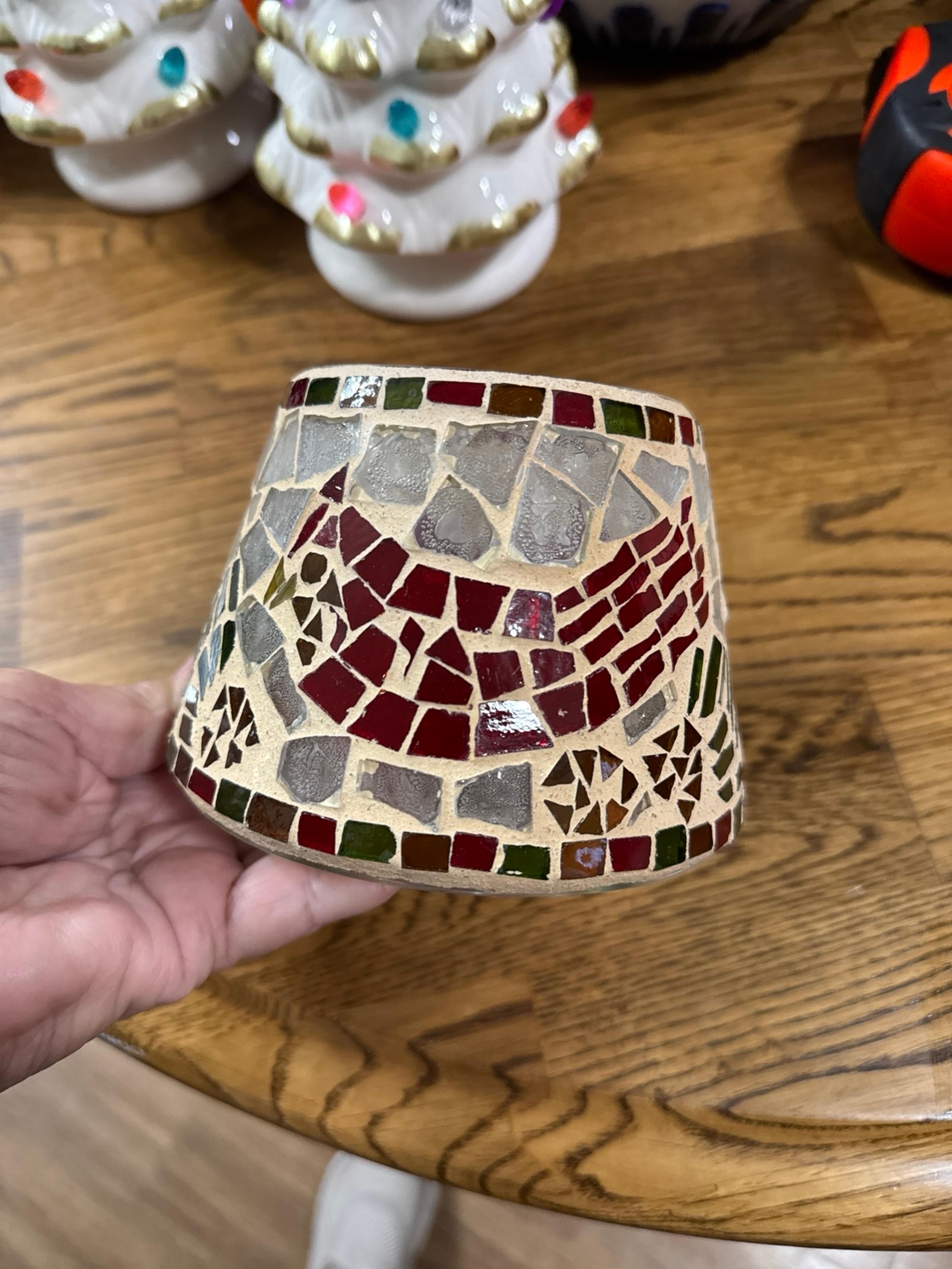Red Cardinal Bird Candle Shade Mosaic Glass Cover Topper - Home Interiors