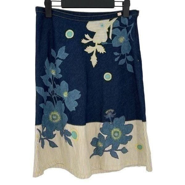 Ted Baker Denim A-Line Applique Midi Skirt Cotton Floral Blue Yellow Women 2