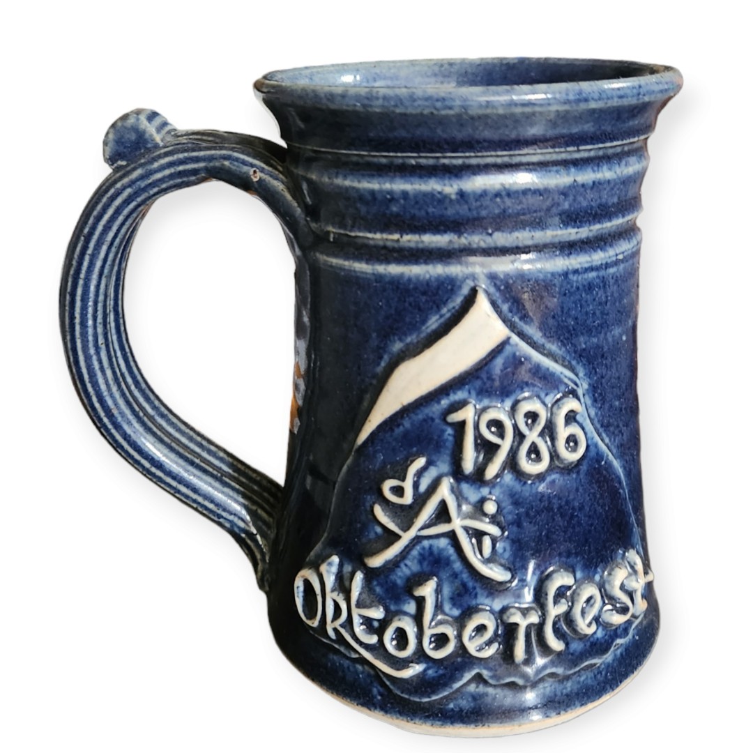 Dayton Art Institute Oktoberfest 1986 Embossed Stein Mug Art Pottery Blue White