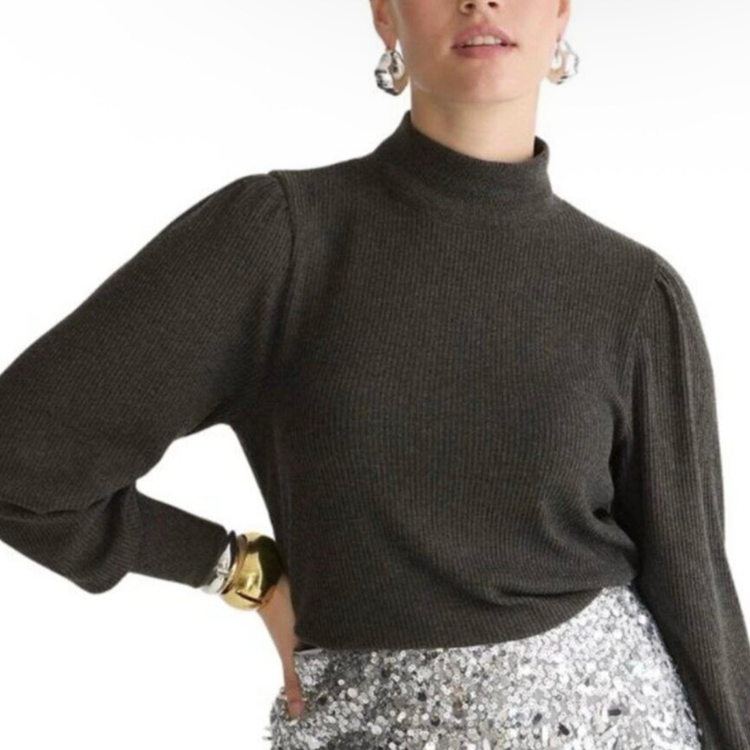 J. Crew Brushed Rib Puff Sleeve Mock Neck Sweater Gray Women’s Size XL