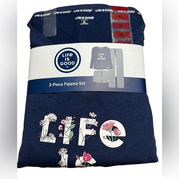 Life is Good Blue Three-Piece Pajama Set Floral Size XL