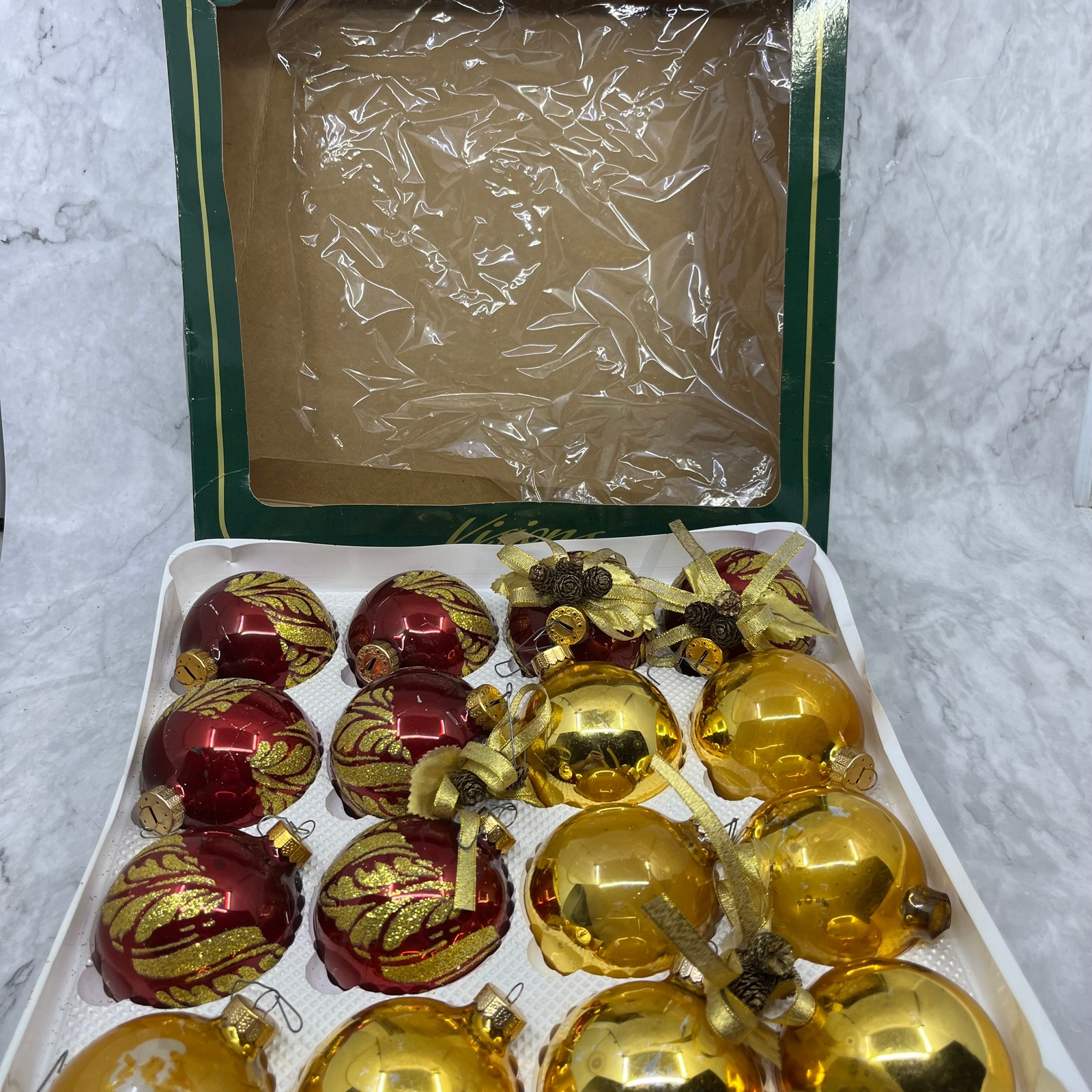 Visions by HOLLY 16 Vintage 2 5/8 Glass Ornaments Box Red Stencil Gold OT1