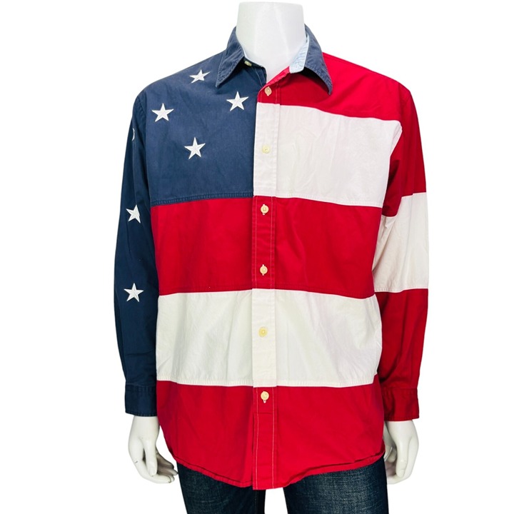 VTG Tommy Hilfiger American Flag Button Shirt USA Patriotic Stars Stripes Size L