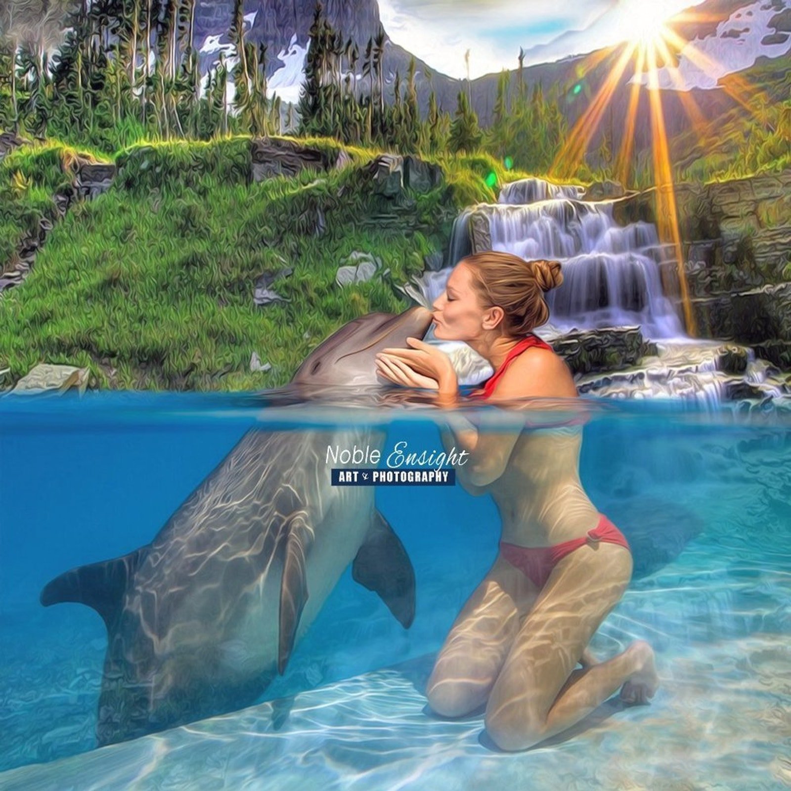 8x10 Woman Kissing Dolphin Sunset Waterfall Watercolor Oil Painting Print