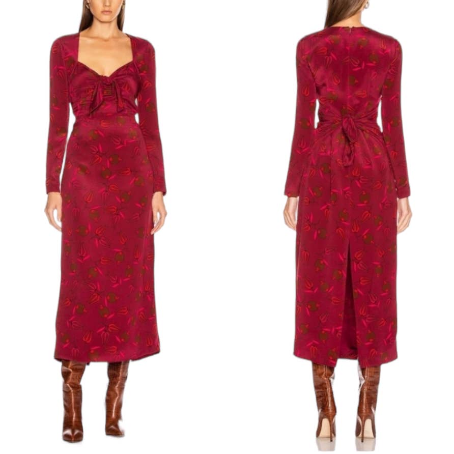 Rebecca de Ravenel Zaza Floral Silk Sheath Midi Dress Sz 6 Tie Front Long Sleeve